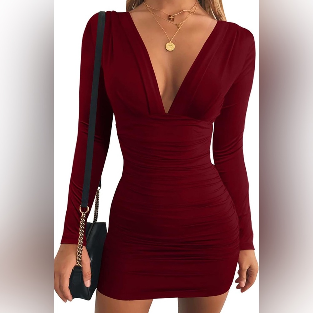 Elegant Burgundy V-Neck Dress